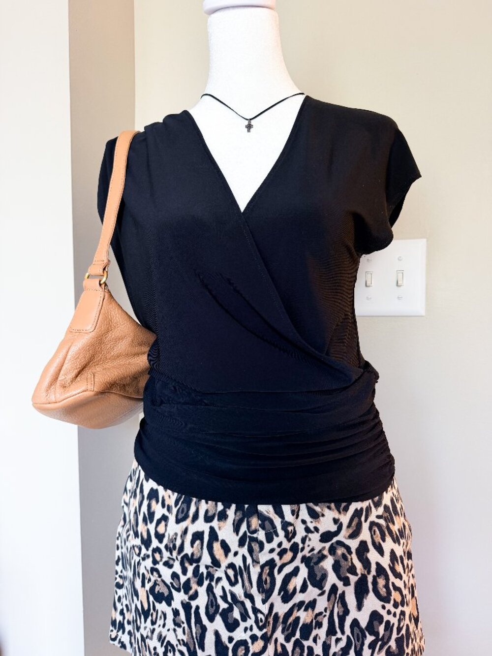 Zara Silky Black V Neck Off the shoulder Cross Over Blouse Cinched Waist– Size S